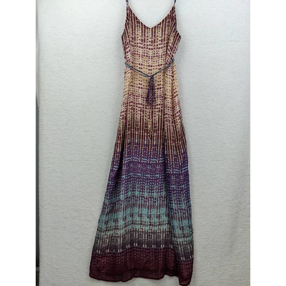 Anthropologie Womens Geometric Print Maxi Dress Size L Spaghetti Strap Tie Waist - Picture 5 of 11